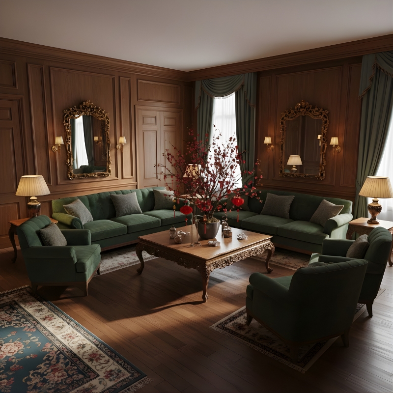 Mẫu 3_ Phong Cách Classic Luxury Với Bàn Ghế Gỗ Cao Cấp & Decor Tết Tinh Tế