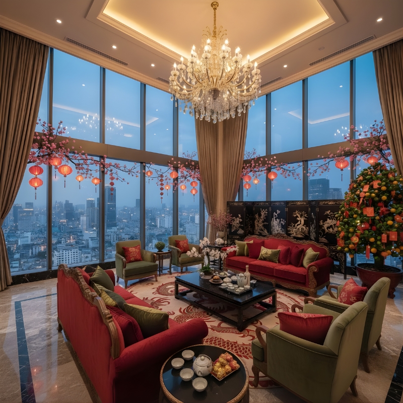 Mẫu 6_ Penthouse Cao Cấp View Thành Phố Và Bố Trí Phòng Khách Tết Đẳng Cấp