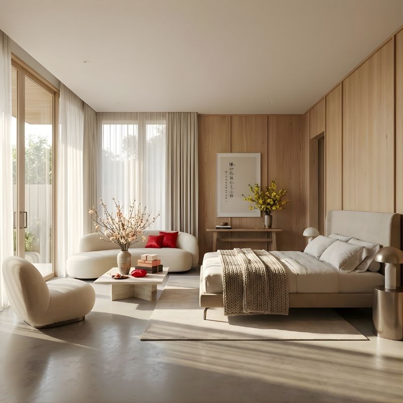 Nội Thất Gỗ Tự Nhiên Cao Cấp Kết Hợp Sắc Tết Tinh Giản