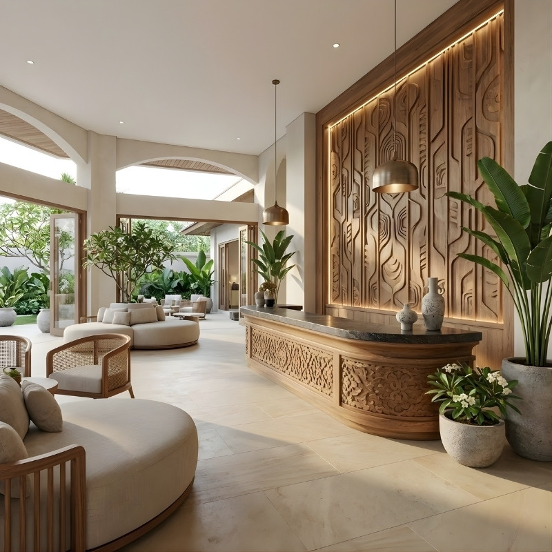 9 Xu Hướng Nội Thất Trong Thiết Kế Khách Sạn Cao Cấp 2026 7 Xu Hướng 6 – Thiết Kế Sảnh Khách Sạn Cao Cấp Mang Dấu Ấn Thương Hiệu